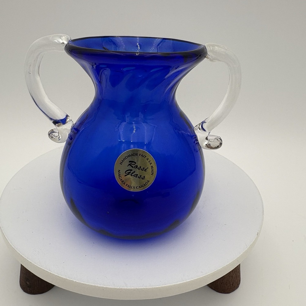 Rossi Glass Art Glass Blue Pitcher Applied Double Handle Niagara Falls VTG